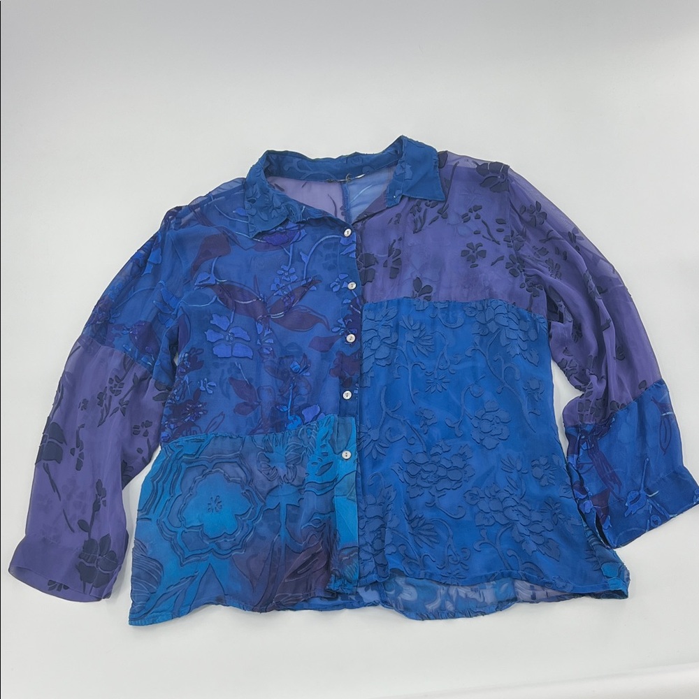 Velvet burnout Floral Button-Up patchwork Blouse boho fairy hippie sheer